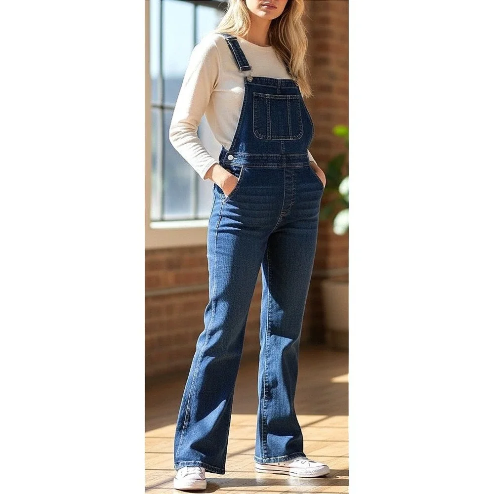 Womens Dark Wash Denim Zip Front Overalls Flare Sz S 70s Retro Festival Tradwife